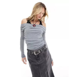 double layer draped bardot top in grey