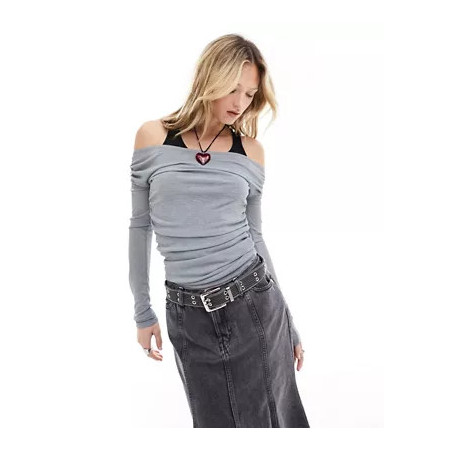 double layer draped bardot top in grey
