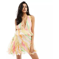 Plunge pleated tiered mini dress in stripe