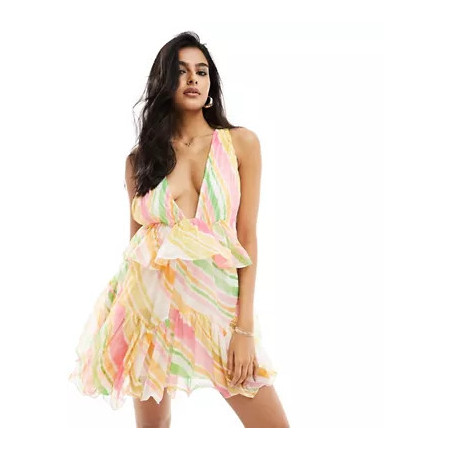 Plunge pleated tiered mini dress in stripe