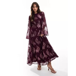 Metallic long sleeve midi dress with frill cuffs in purple