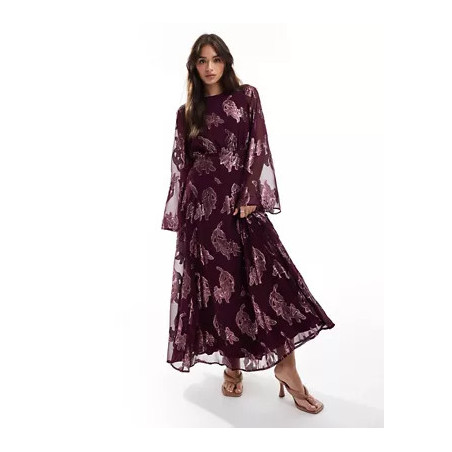 Metallic long sleeve midi dress with frill cuffs in purple