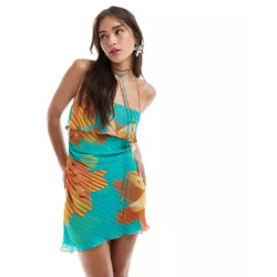 Mango X Siedres halterneck mini flower dress in blue and orange