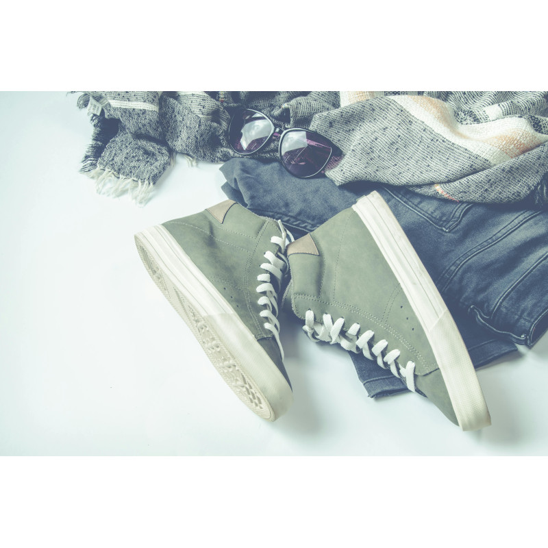 Green High-top Sneakers Beside Bottoms And Sunglasses