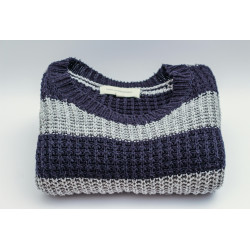 Gray and Black Striped Crew-neck Top