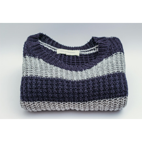 Gray and Black Striped Crew-neck Top