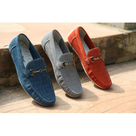 Three Unpaired Red, Gray ,and Blue Horsebit Loafers